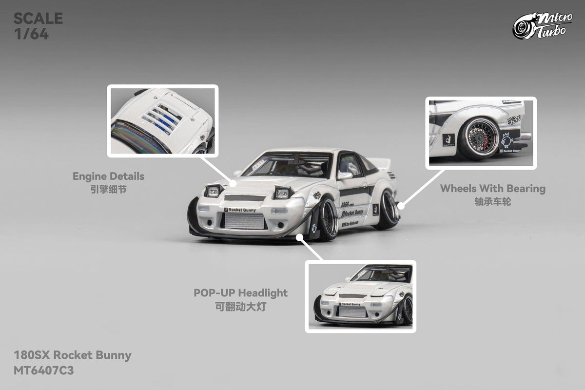 (pre-order) Custom Nissan 180SX Rocket Bunny - Metallic White Micro Turbo 1/64 scale