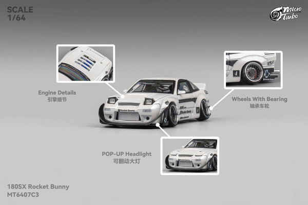 (pre-order) Custom Nissan 180SX Rocket Bunny - Metallic White Micro Turbo 1/64 scale