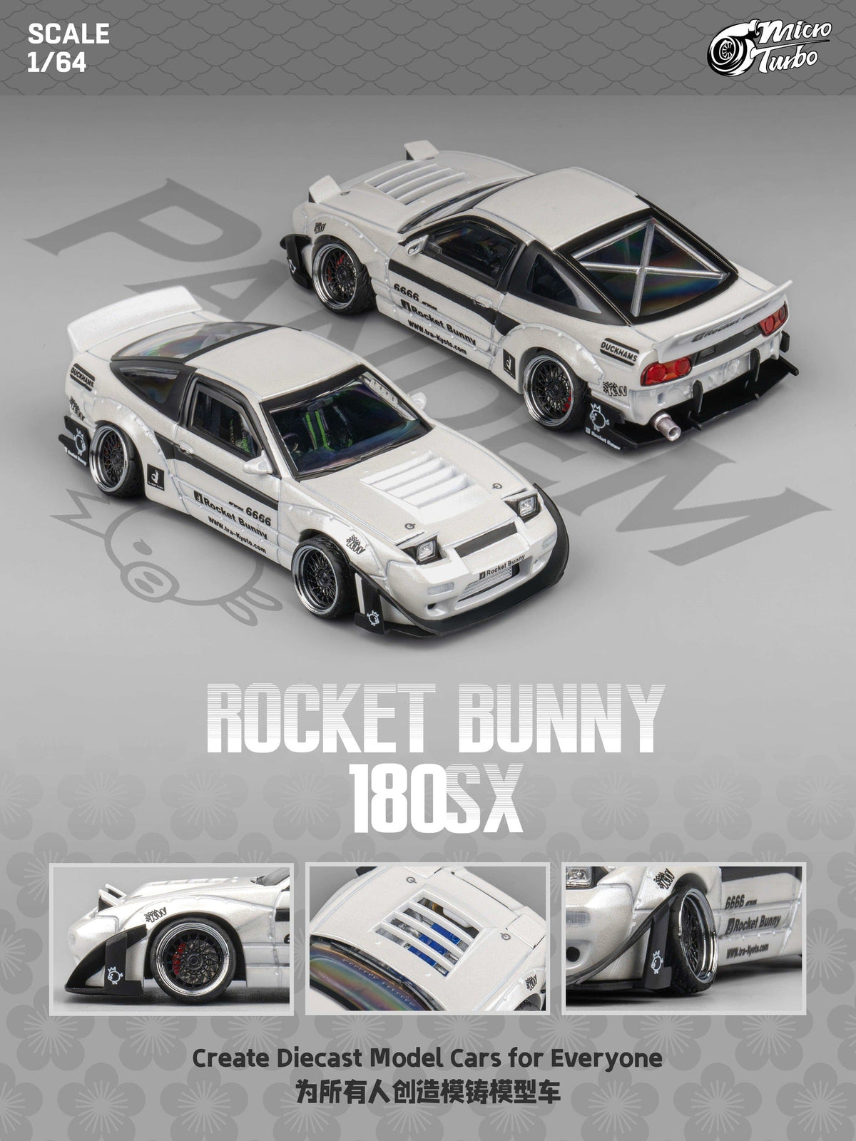 (pre-order) Custom Nissan 180SX Rocket Bunny - Metallic White Micro Turbo 1/64 scale