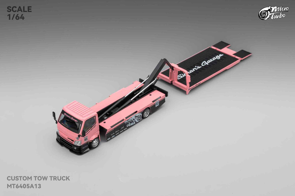 Simon's Garage Custom Hauler Flat Bed Tow Truck Pink  Micro Turbo 1/64 scale