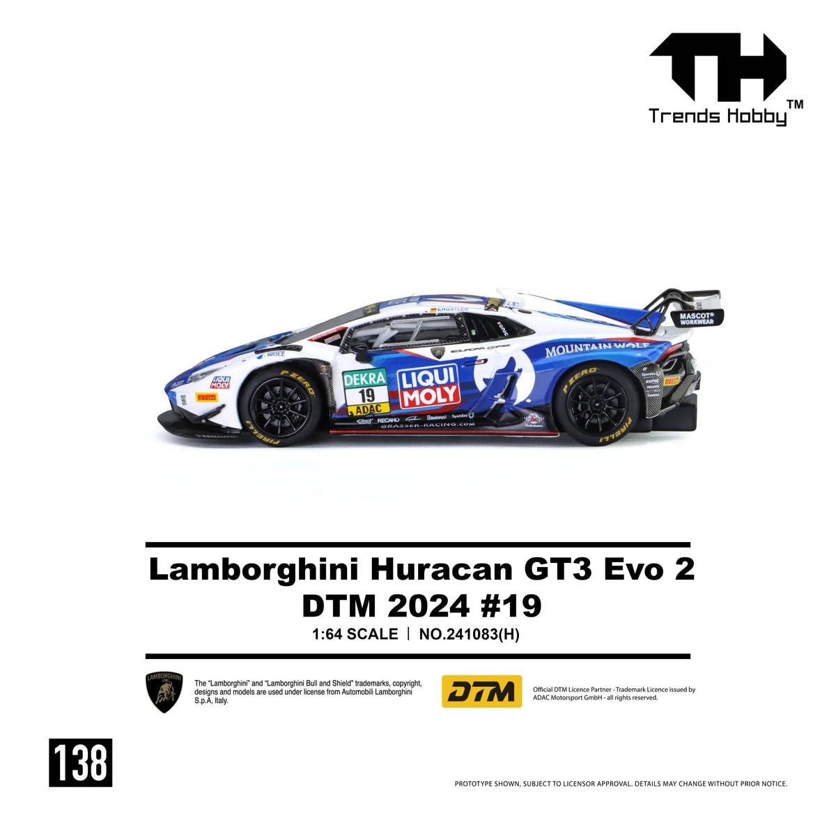 (PRE-ORDER) Lamborghini Huracan GT3 EVO2 DTM 2024 No. 19 Trends Hobby 1/64 241083(H)