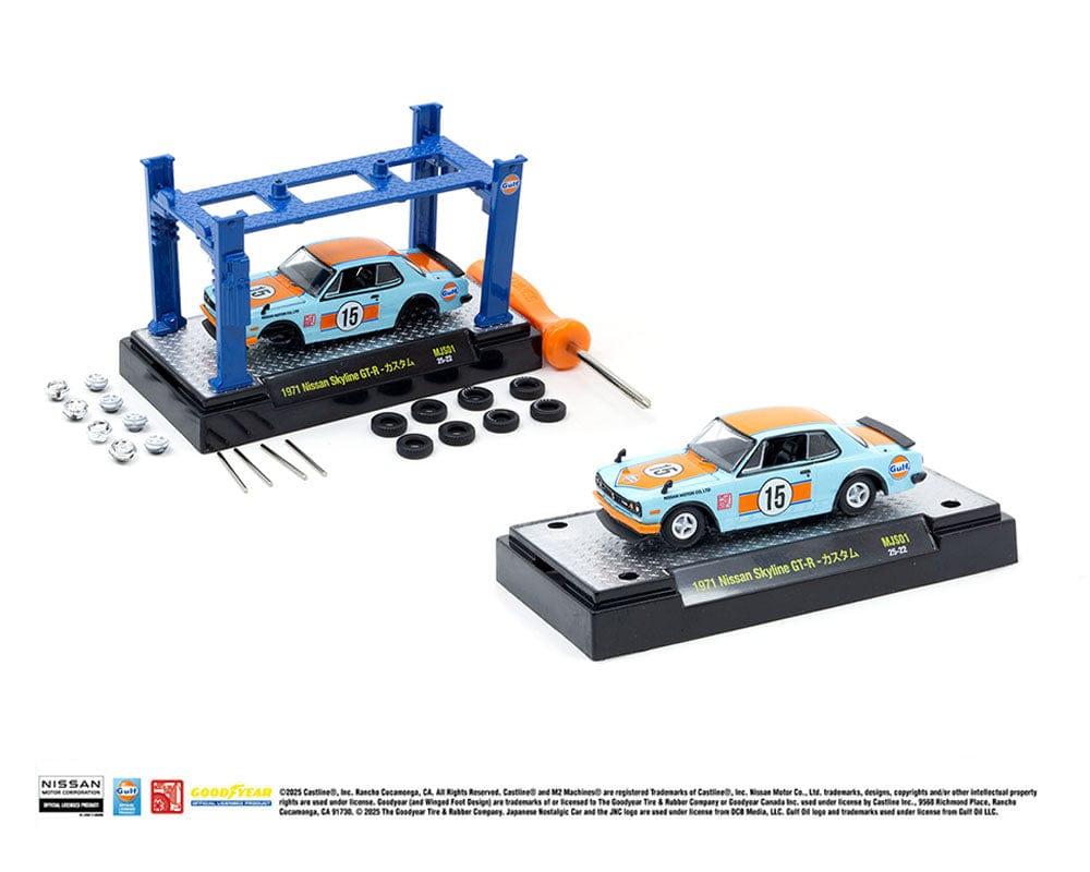 (arriving in August) Model-Kit 1971 Nissan Skyline 2000 GT-R GULF With 4 Post Lift and 2 Extra Set of Wheels M2 Machines 1/64 scale
