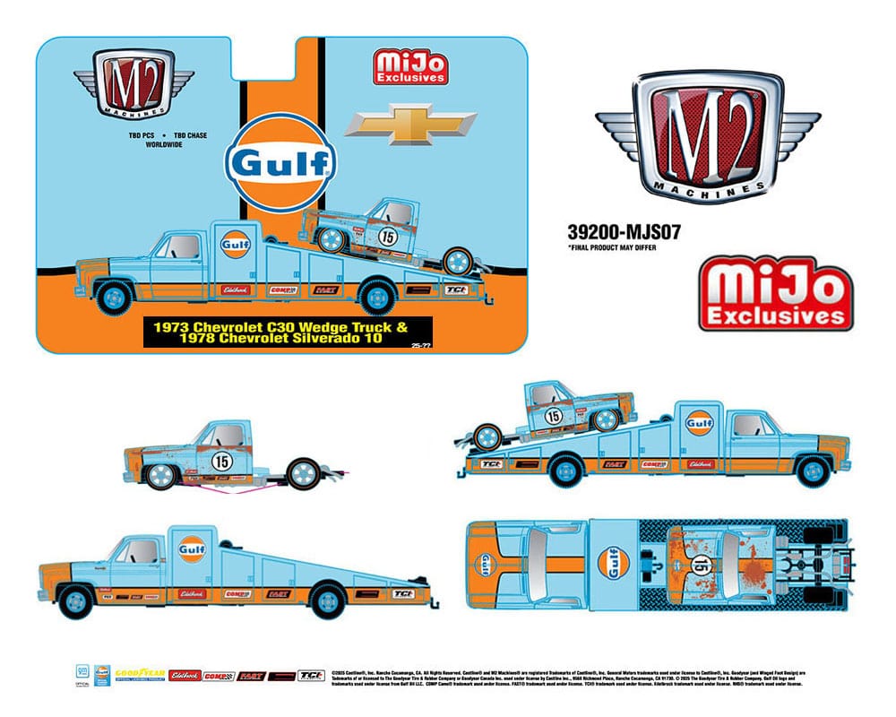 (pre-order) Auto-Haulers 1973 Chevrolet C30 Wedge Truck & 1978 Chevrolet Silverado 10 Bedless Gulf Livery Blue M2 Machines