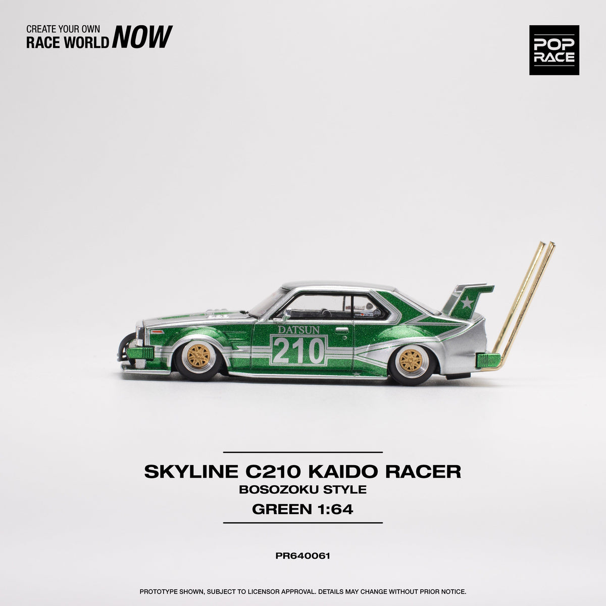 Skyline C210 Kaido Racer Bosozoku Style Silver Green Pop Race 1/64