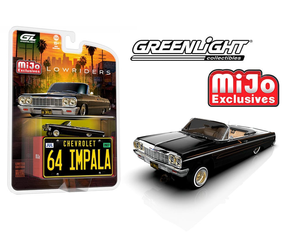 (PRE-ORDER) Lowriders 1964 Chevrolet Impala SS Convertible w/ Mini Metal License Plate Black Mijo Exclusives Greenlight 1:64 51757-B