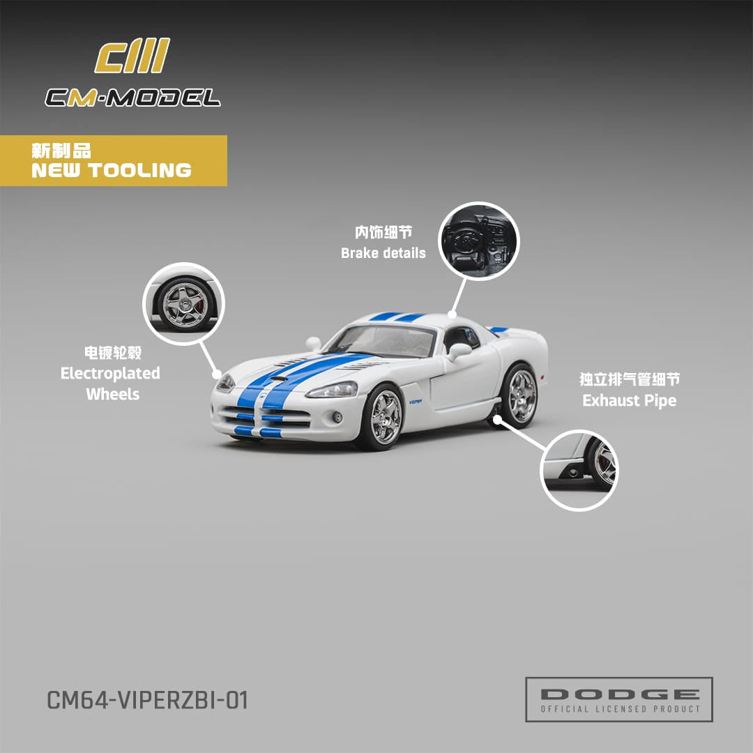 (PRE-ORDER) Dodge Viper ZBI Stone White with Blue Racing Stripes CM Model 1/64