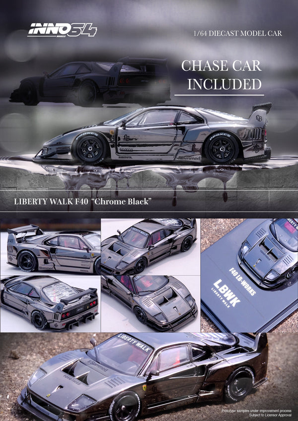 Ferrari F40 Liberty Walk Silver Chrome Black Special Edition Inno64 1/64 scale