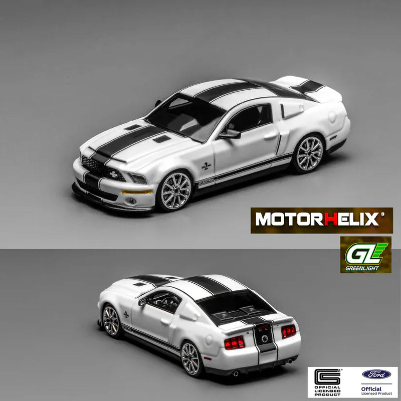 Ford Mustang Shelby GT500 2007 Super Snake Performance White with Black Dual Stripes Motorhelix x Greenlight 1:64 GL-1251006A