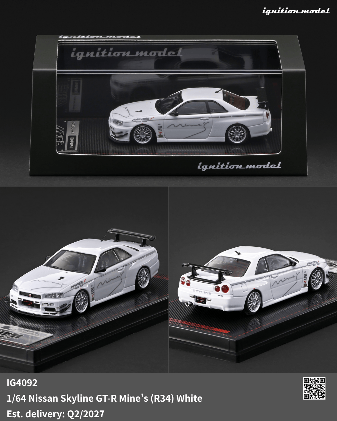 (PRE-ORDER) Nissan Skyline GT-R Mine's R34 White Ignition Model 1/64