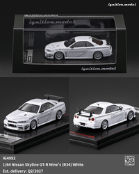 (PRE-ORDER) Nissan Skyline GT-R Mine's R34 White Ignition Model 1/64