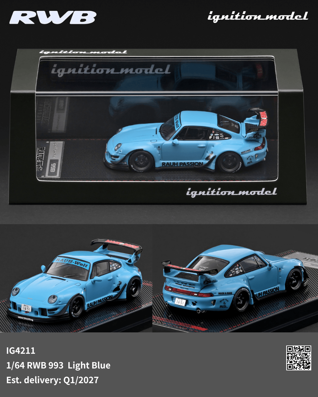 (PRE-ORDER) Porsche RWB 993 Light Blue Ignition Model 1/64