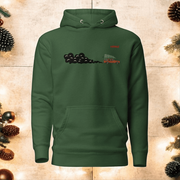 Christmas sweater hoodie car carrying a Christmas tree