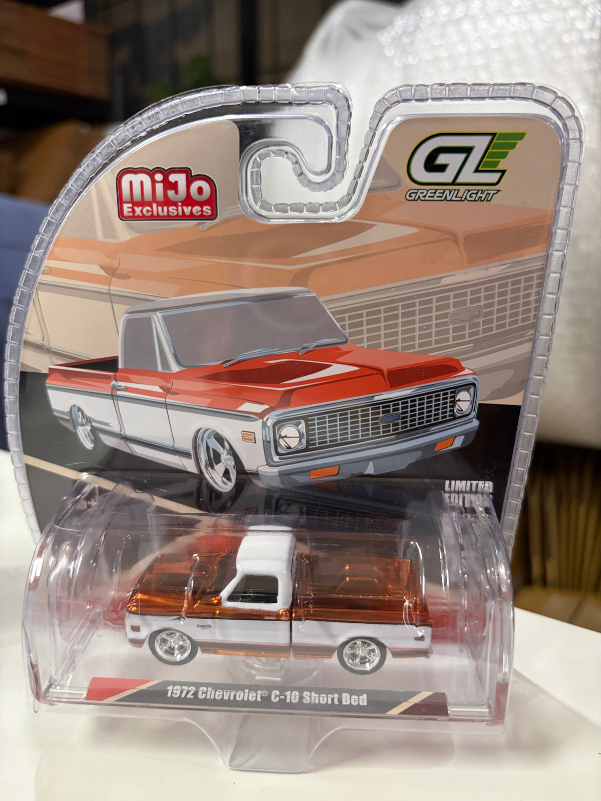 Orange Chrome Chase Chevrolet C-10 Short Bed Custom Mustard Orange with White Two-Tone Greenlight 1:64 GL-1352001chromeOrangeCHASE
