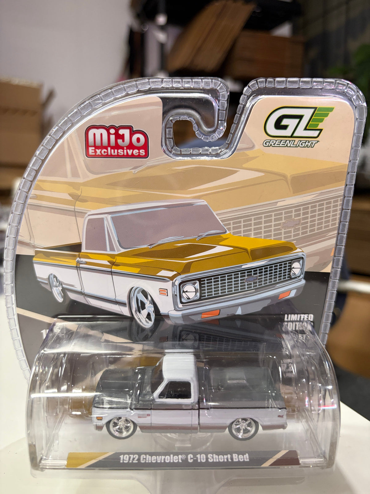 Chase Raw 1972 Chevrolet C-10 Short Bed Custom Mustard Yellow with White Two-Tone Greenlight 1:64