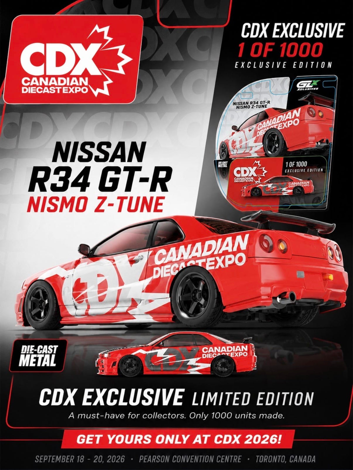 Nissan Skyline GT-R R34 CDX Canada Diecast Expo (limited to 1000 made) Base Model 1/64 scale GPL-6830211-A