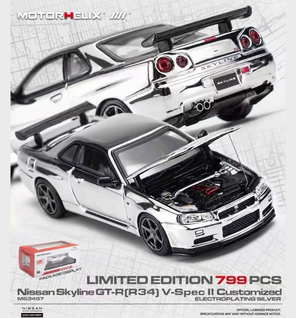 (PRE-ORDER) Nissan Skyline GT-R R34 V-Spec II Customized Electroplating Silver CDX Canada Diecast Expo (limited to 799 made) Motorhelix 1/64 scale M63457