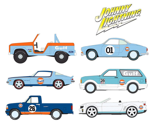 2026 GULF Assortment Johnny Lightning 1:64 Collector Tin Release 3A Set of 6