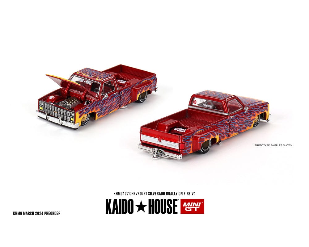 Chevrolet Silverado Dually on Fire V1 Red with Flames Kaido House Mini GT 1/64 scale KHMG127