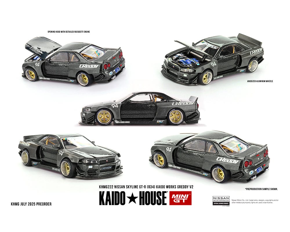 Nissan Skyline GT-R (R34) Kaido Works GReddy V2 – Black w/ Carbon Kaido house Mini GT 1/64 scale