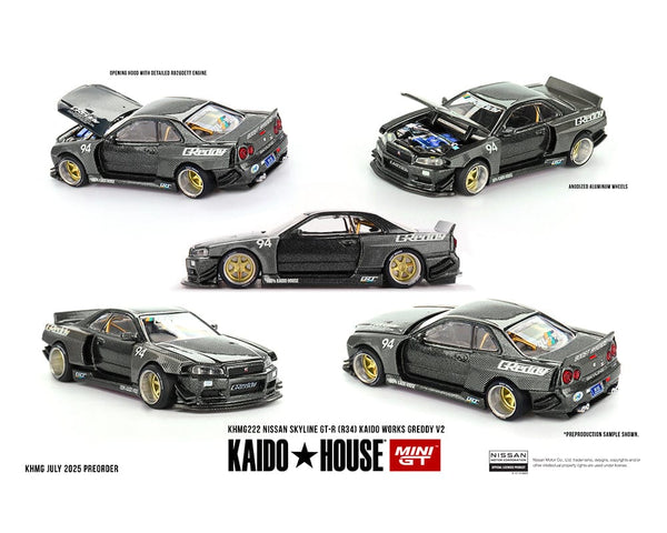 Nissan Skyline GT-R (R34) Kaido Works GReddy V2 – Black w/ Carbon Kaido house Mini GT 1/64 scale