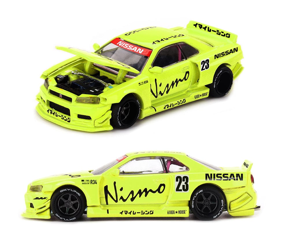 Nissan Skyline GT-R R34 Kaido Works V4 Yellow Kaido House Mini GT 1/64 scale