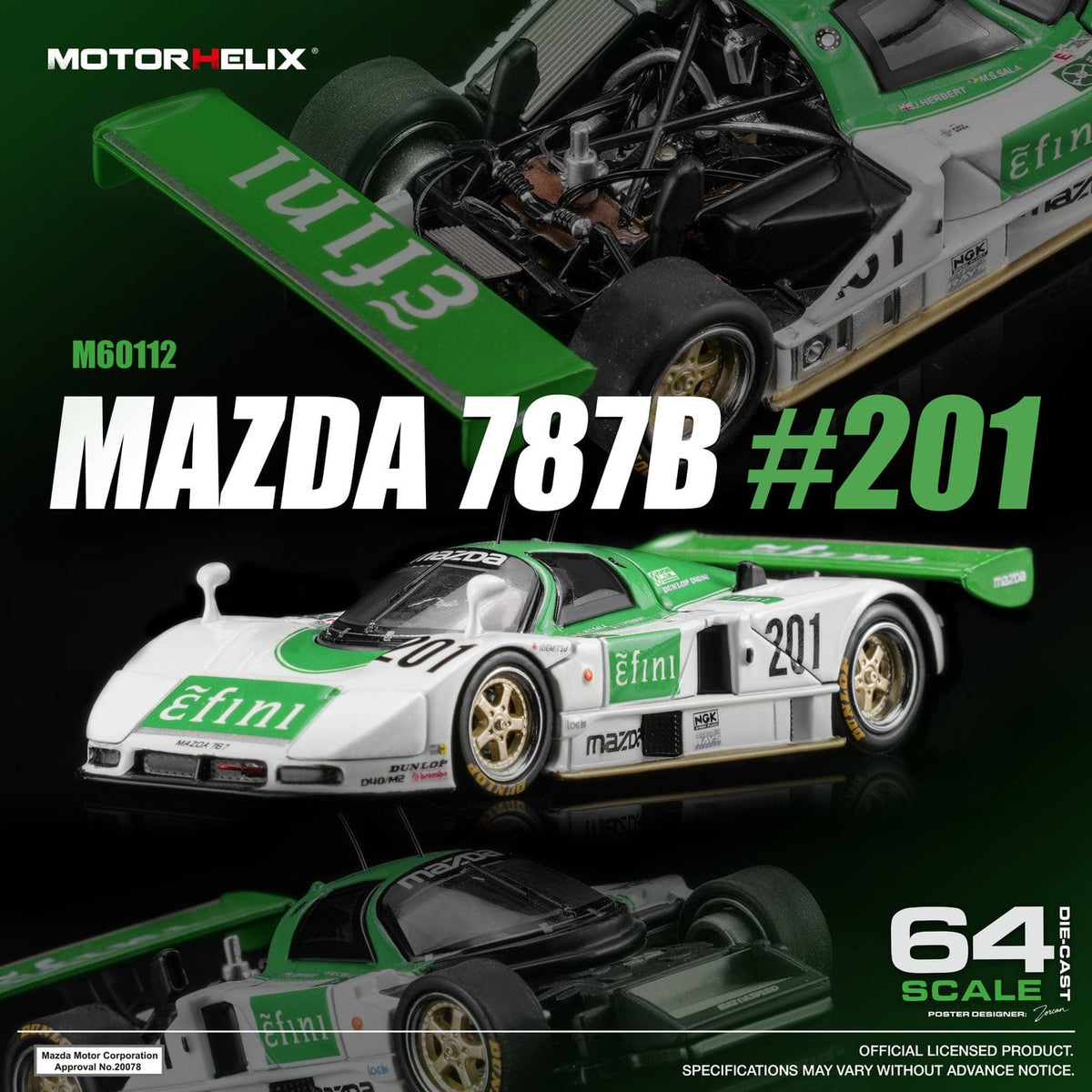 (PRE-ORDER) Mazda 787B No. 201 Green/White Motorhelix 1/64 — additional view 1