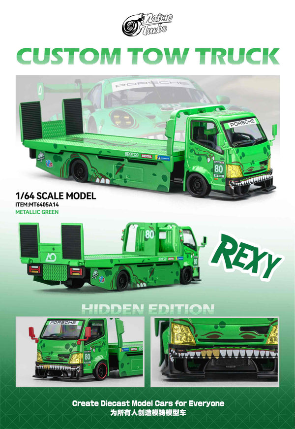 Green Rexy Dino Custom Tow Truck Flat Bed  Micro Turbo 1/64 scale