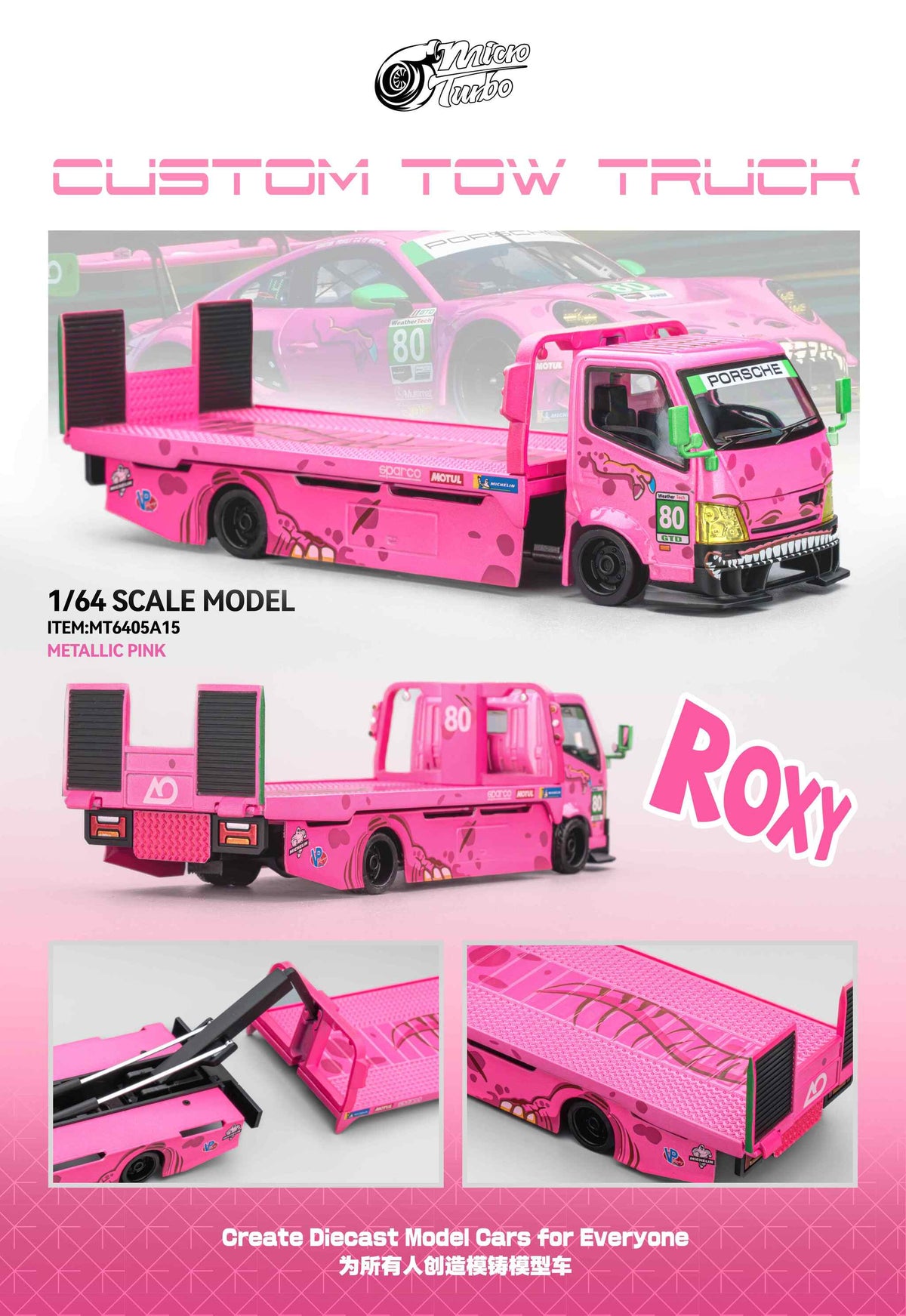 Pink Roxy Dino Custom Tow Truck Flat Bed  Micro Turbo 1/64 scale