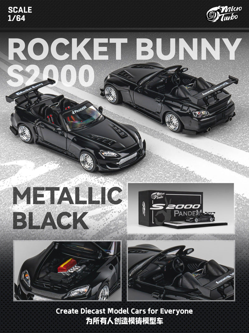 Custom Honda S2000 Rocket Bunny - Metallic Black Micro Turbo 1/64 scale