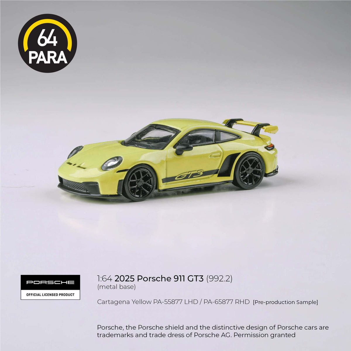 2025 Porsche 911 GT3 (992.2) Cartagena Yellow LHD Para64 1:64 scale PA-55877