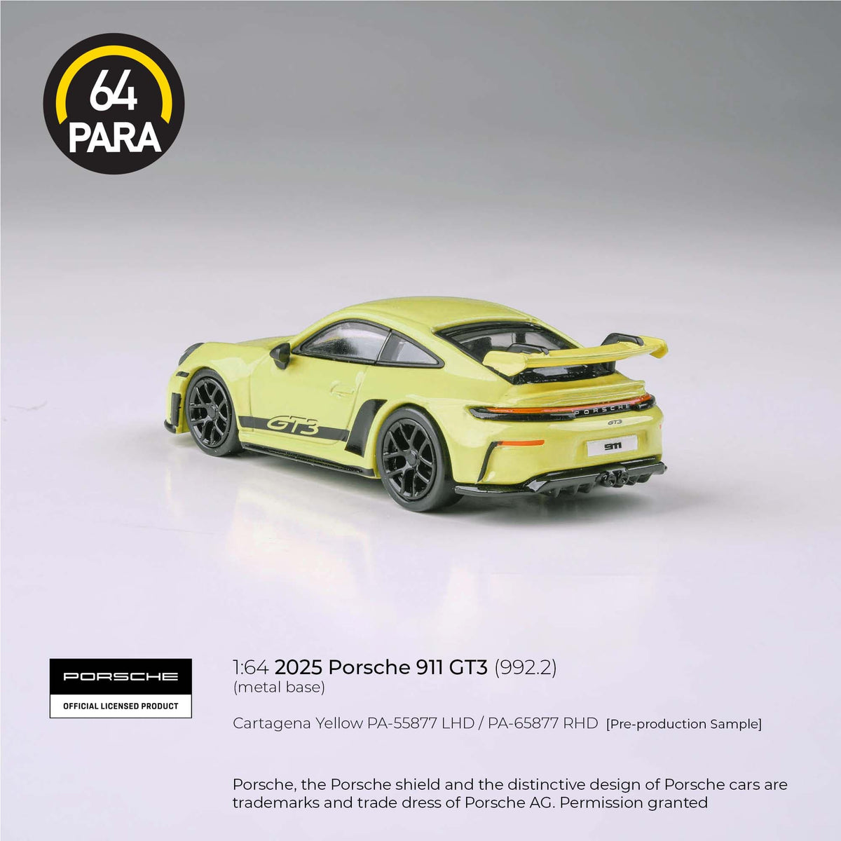 2025 Porsche 911 GT3 (992.2) Cartagena Yellow LHD Para64 1:64 scale PA-55877
