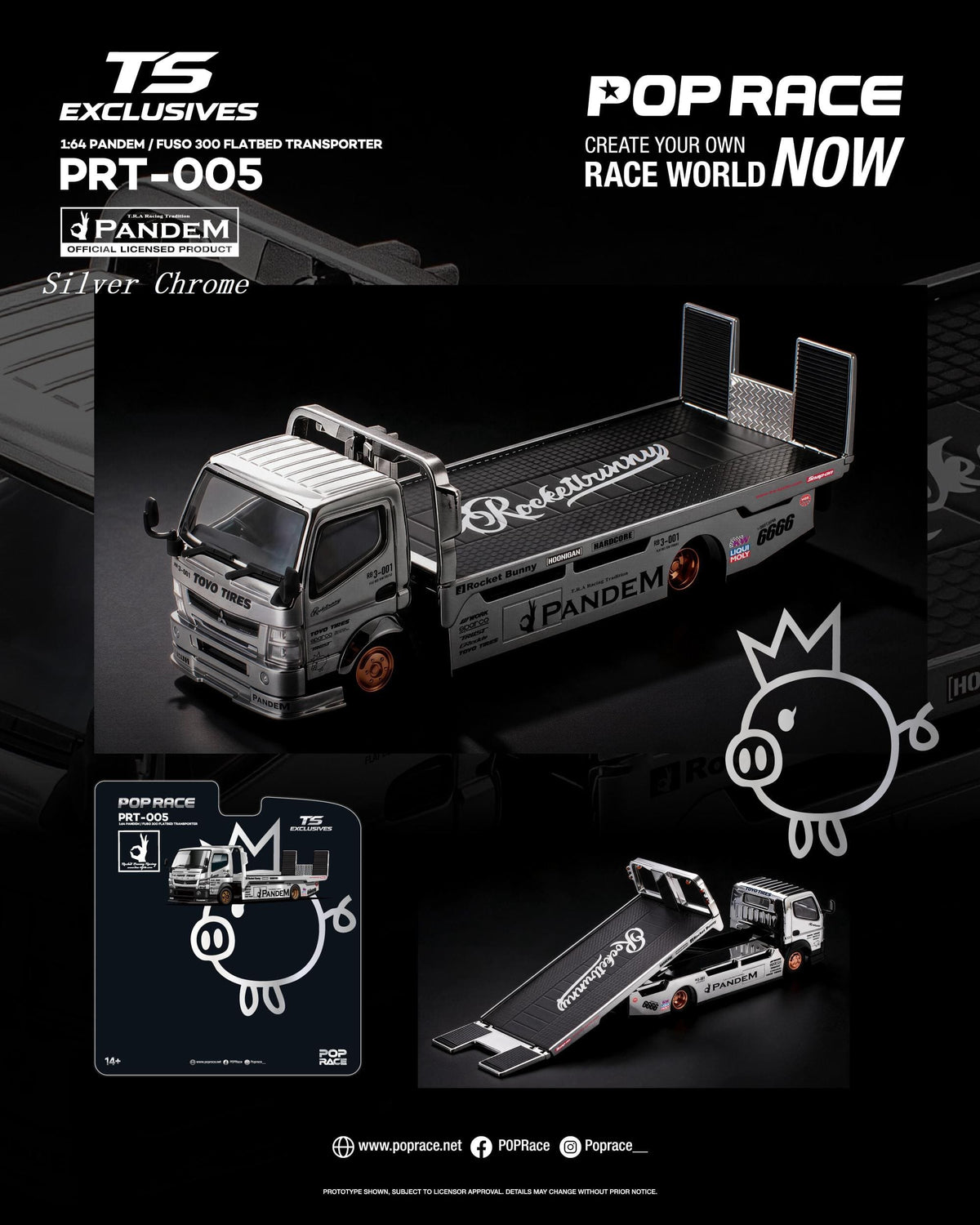 Pandem Fuso 300 Flatbed Transporter Silver Chrome Pop Race 1/64 scale