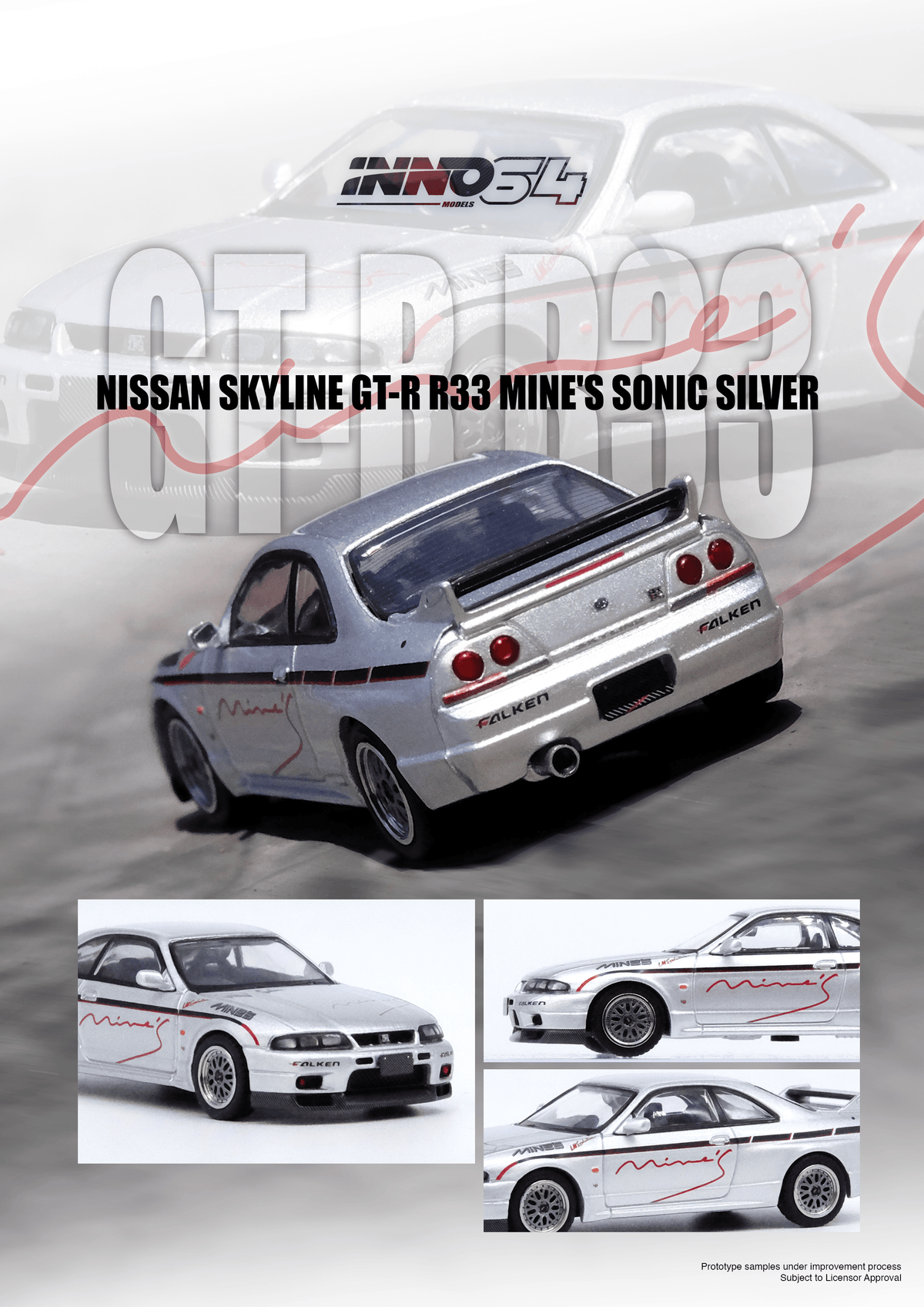 Nissan Skyline GT-R R33 Tuned by Mine's Silver Inno64 1/64 scale (pre-order)