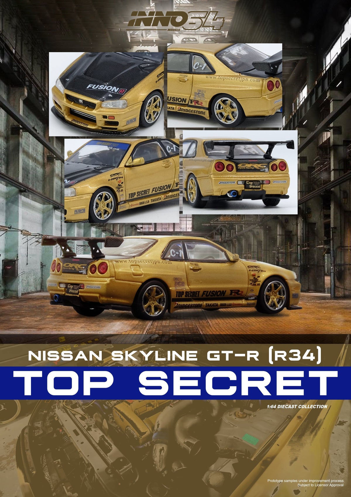 Top Secret Nissan Skyline GT-R R34 Gold Inno64 1/64 scale