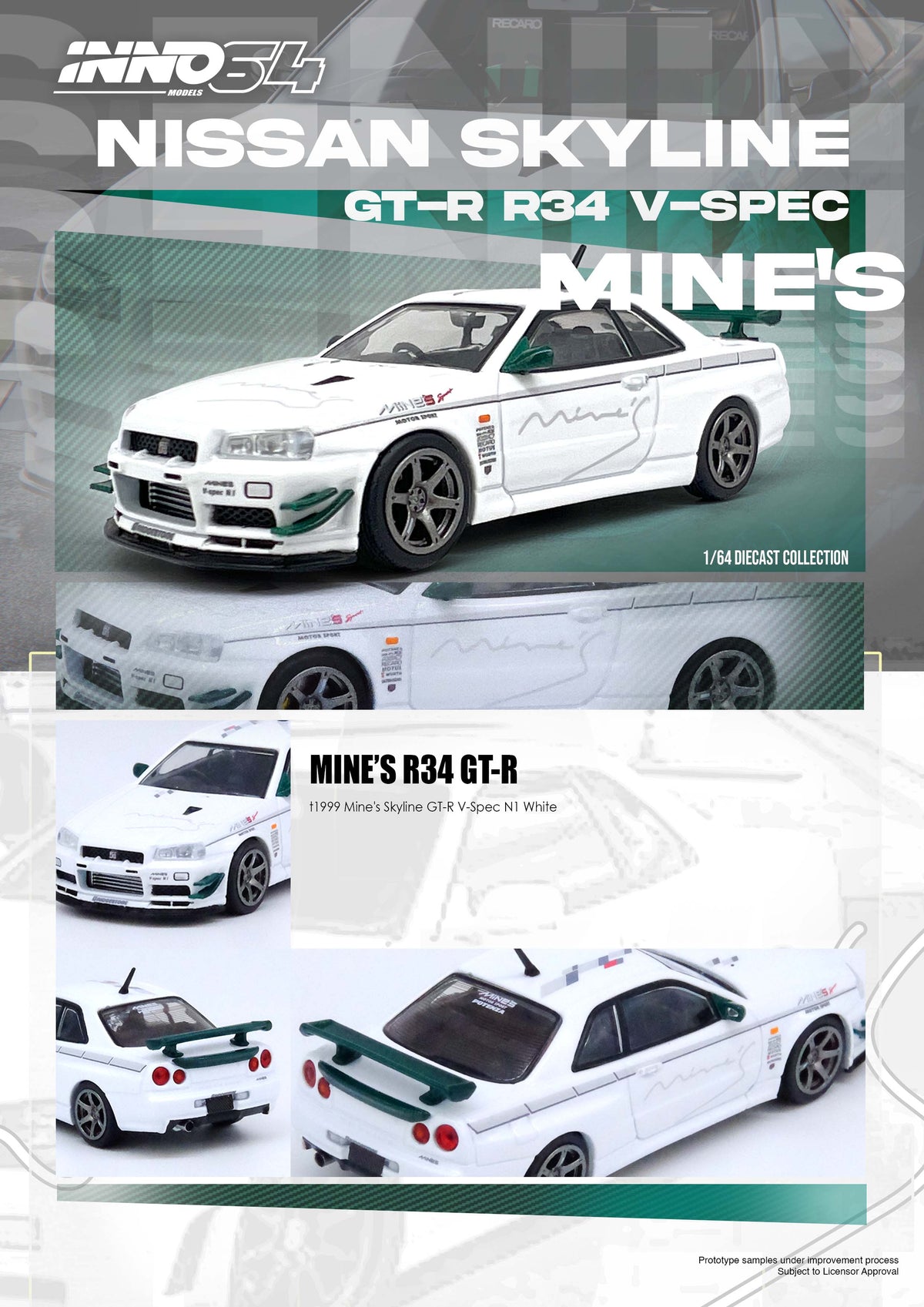 Nissan Skyline GT-R R34 V-Spec Mine's  Inno64 1/64 scale (pre-order)