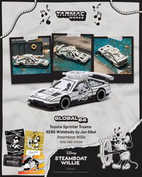 (PRE-ORDER) Toyota Sprinter Trueno AE86 Widebody Jon Sibal Mickey & Friends Steamboat Willie Cards Combo Tarmac Works 1/64 T64G-060-STEAM