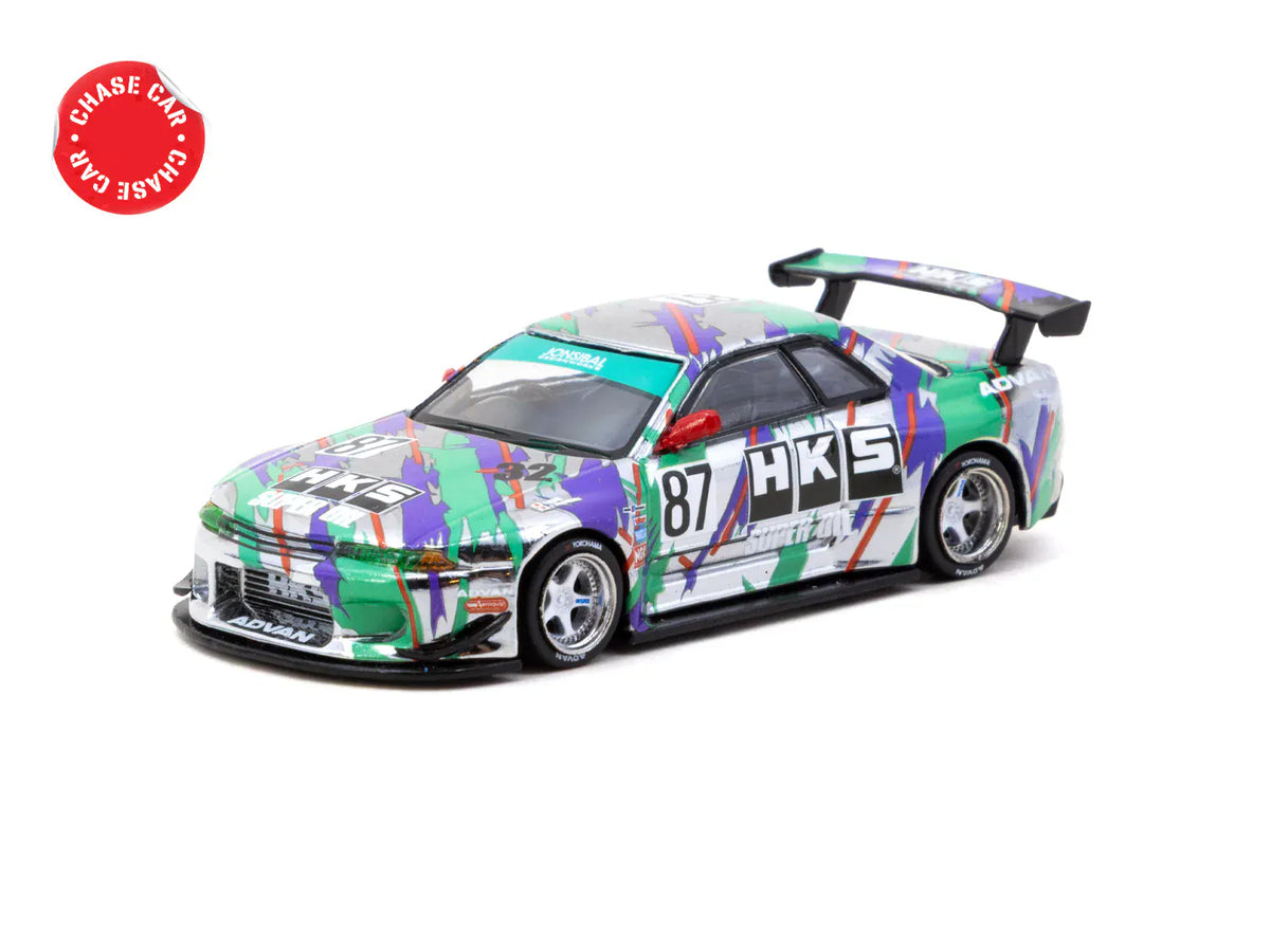 Chrome Chase SIlver Nissan Skyline R32 Widebody Jonsibal Designworks & HKS with Card Pack Blue, Green, Black Limited Edition Tarmac Works 1/64