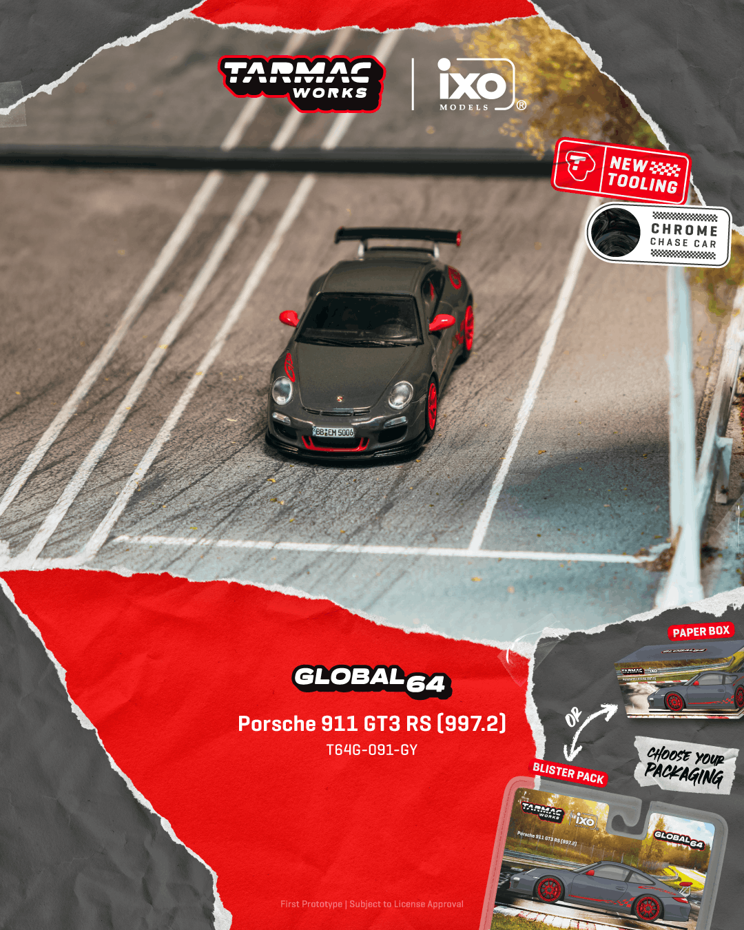 Porsche 911 GT3 RS 997.2 Grey Tarmac Works Collab64 1/64 scale