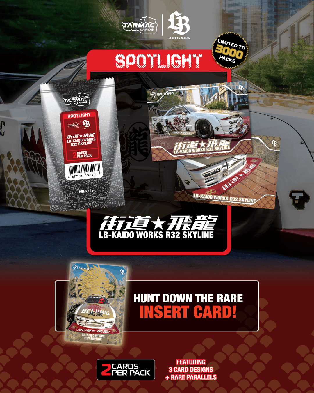 Tarmac Cards Spotlight LB-KAIDO Works R32 Skyline "Flying Dragon" - BOX with 10 packs TC-LBR32-DSL