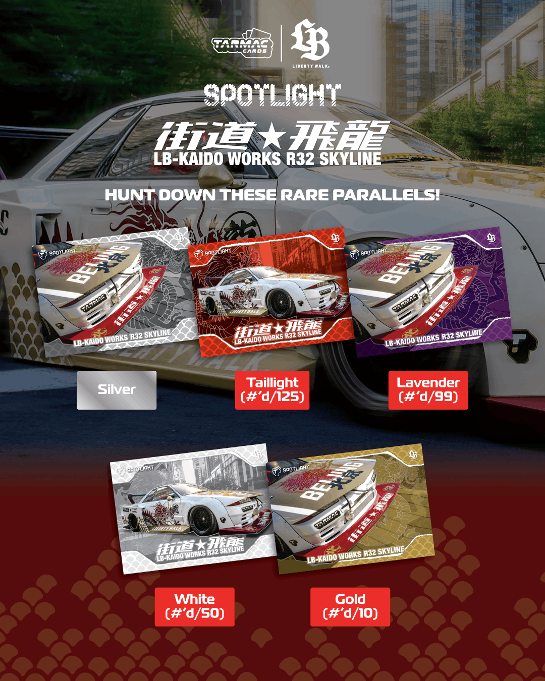 Tarmac Cards Spotlight LB-KAIDO Works R32 Skyline "Flying Dragon" - BOX with 10 packs TC-LBR32-DSL