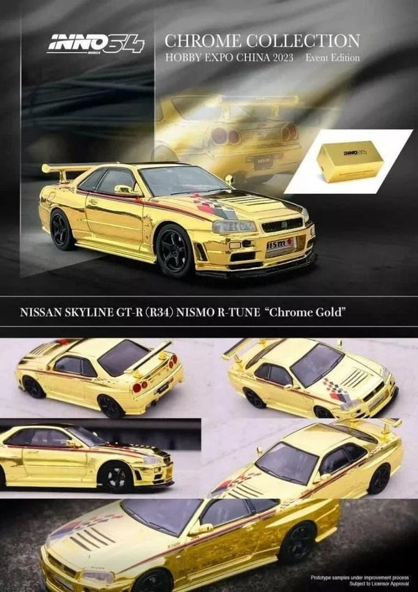 3x Car Set Nissan Skyline GT-R R34 R-Tune Chrome Hobby Expo China 2023 Limited Edition Inno64 1/64 scale