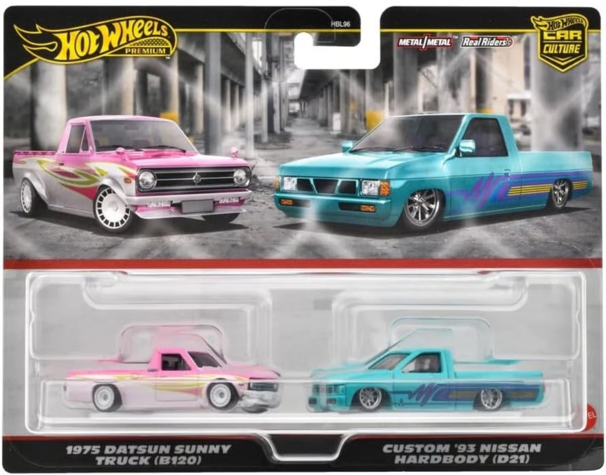 2 Pack 1975 Datsun Sunny Truck B120 and Custom 93 Nissan Hardbody D21 Hot Wheels 1/64