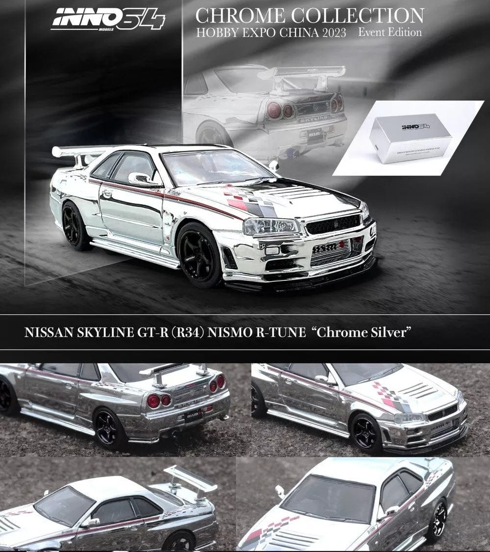 3x Car Set Nissan Skyline GT-R R34 R-Tune Chrome Hobby Expo China 2023 Limited Edition Inno64 1/64 scale