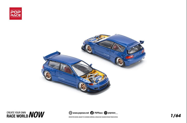 Pandem Honda Civic EG6 Metallic Blue with open hood Pop Race 1/64 