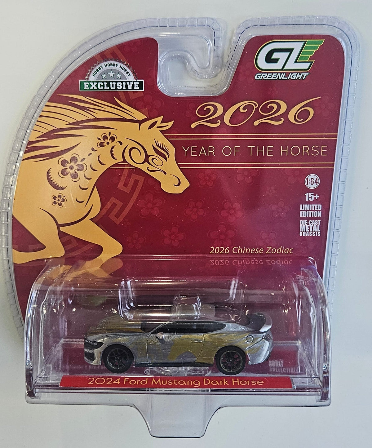 Chase Raw 2024 Ford Mustang Dark Horse 2026 year of the Horse Chinese New Year Special Edition Greenlight 1:64