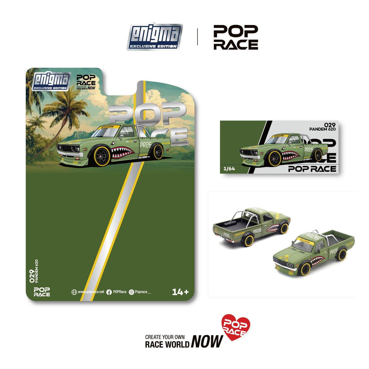 Pick up truck Pandem Datsun 620 Orange datsun 620 Fighter Green Enigma Exclusive 1/64 scale Pop Race