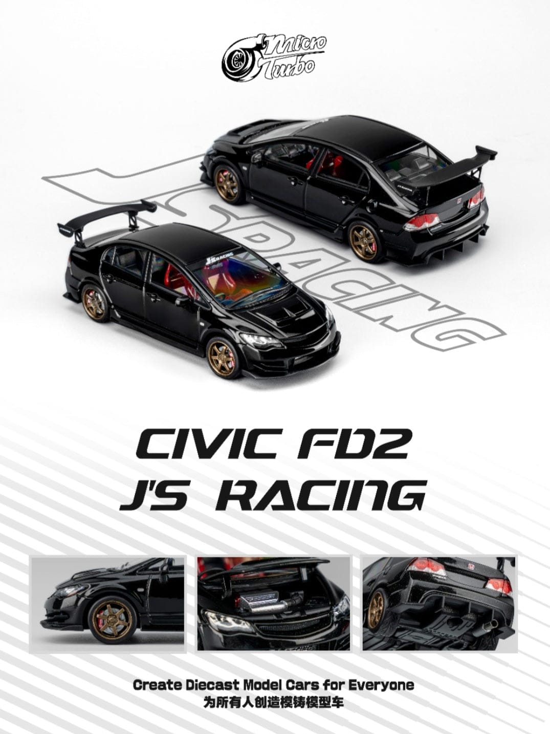 Honda Civic FD2 JS Racing Metallic Black Micro Turbo 1/64 scale