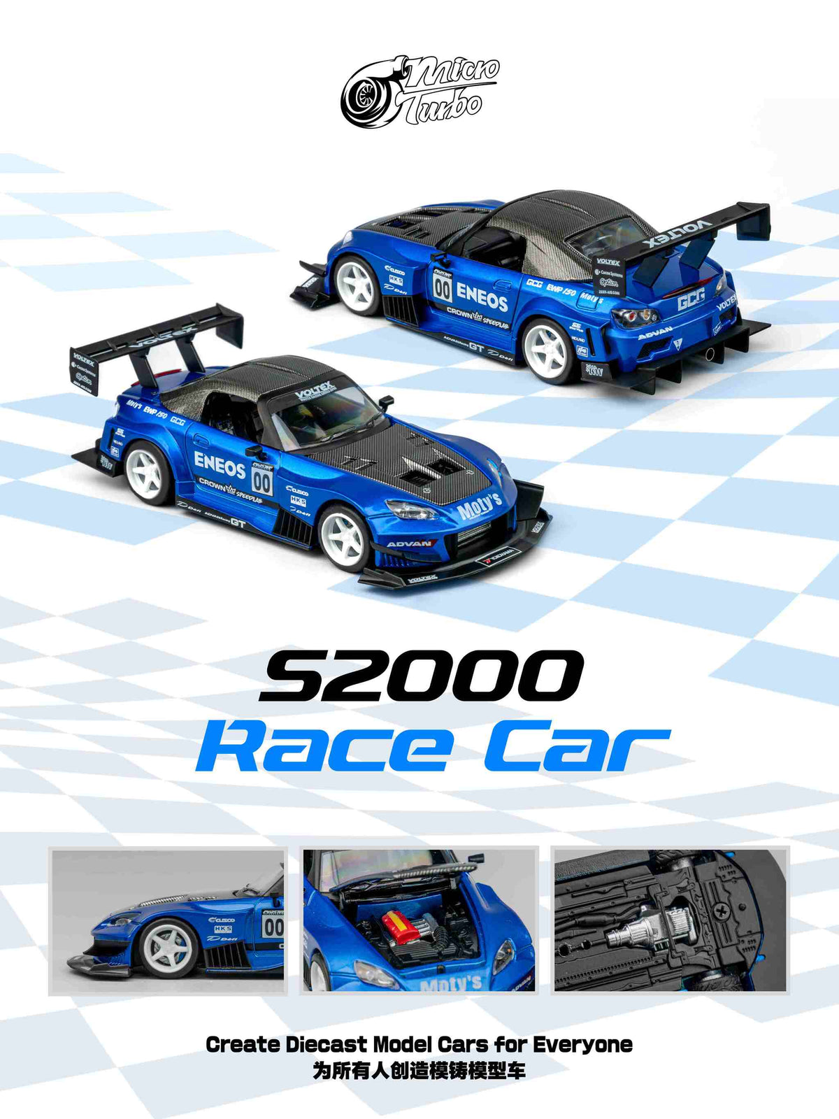 Custom Honda S2000 Racing Candy Blue Micro Turbo 1/64 scale