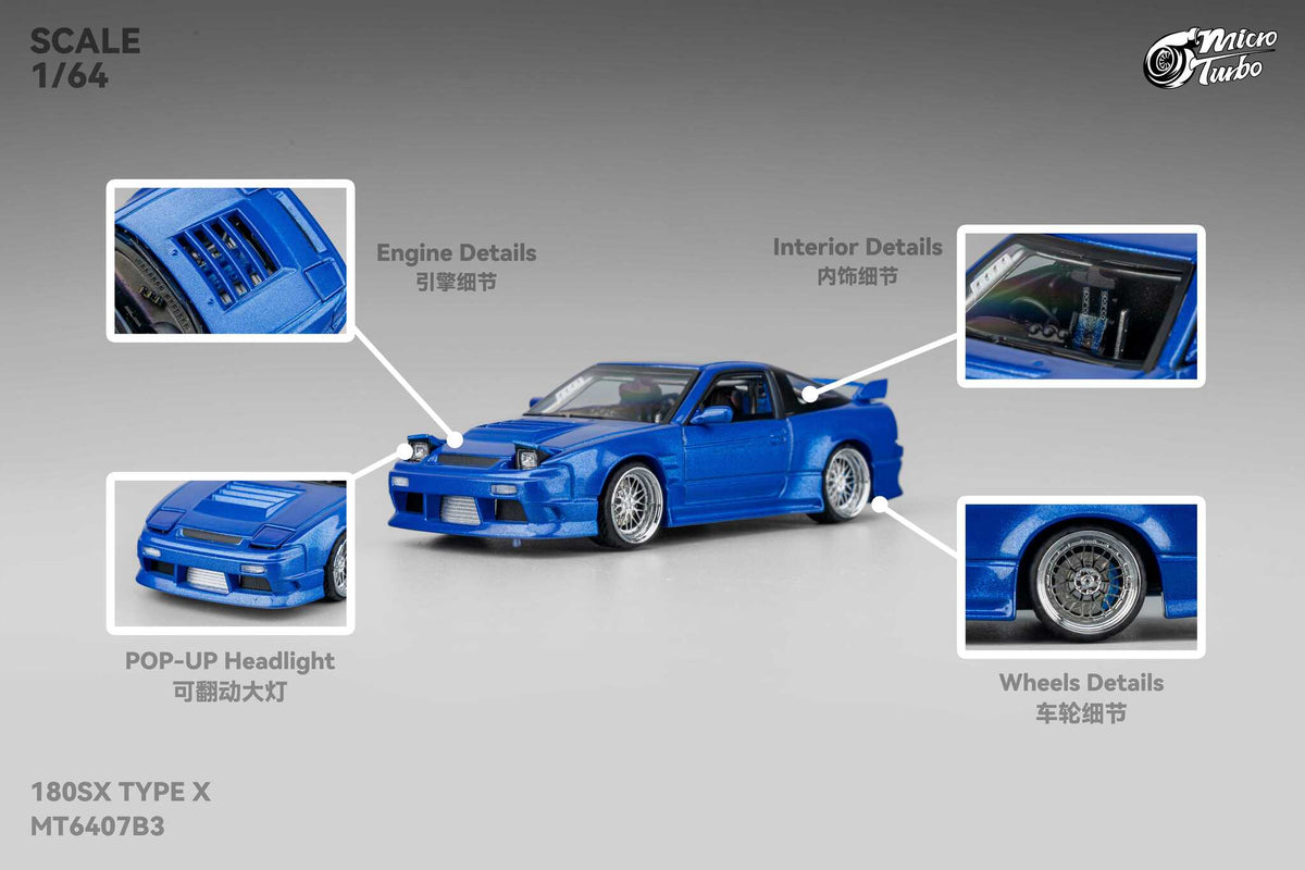 (Pre-order) Nissan 180SX Type X Metallic Blue Micro Turbo 1/64 scale