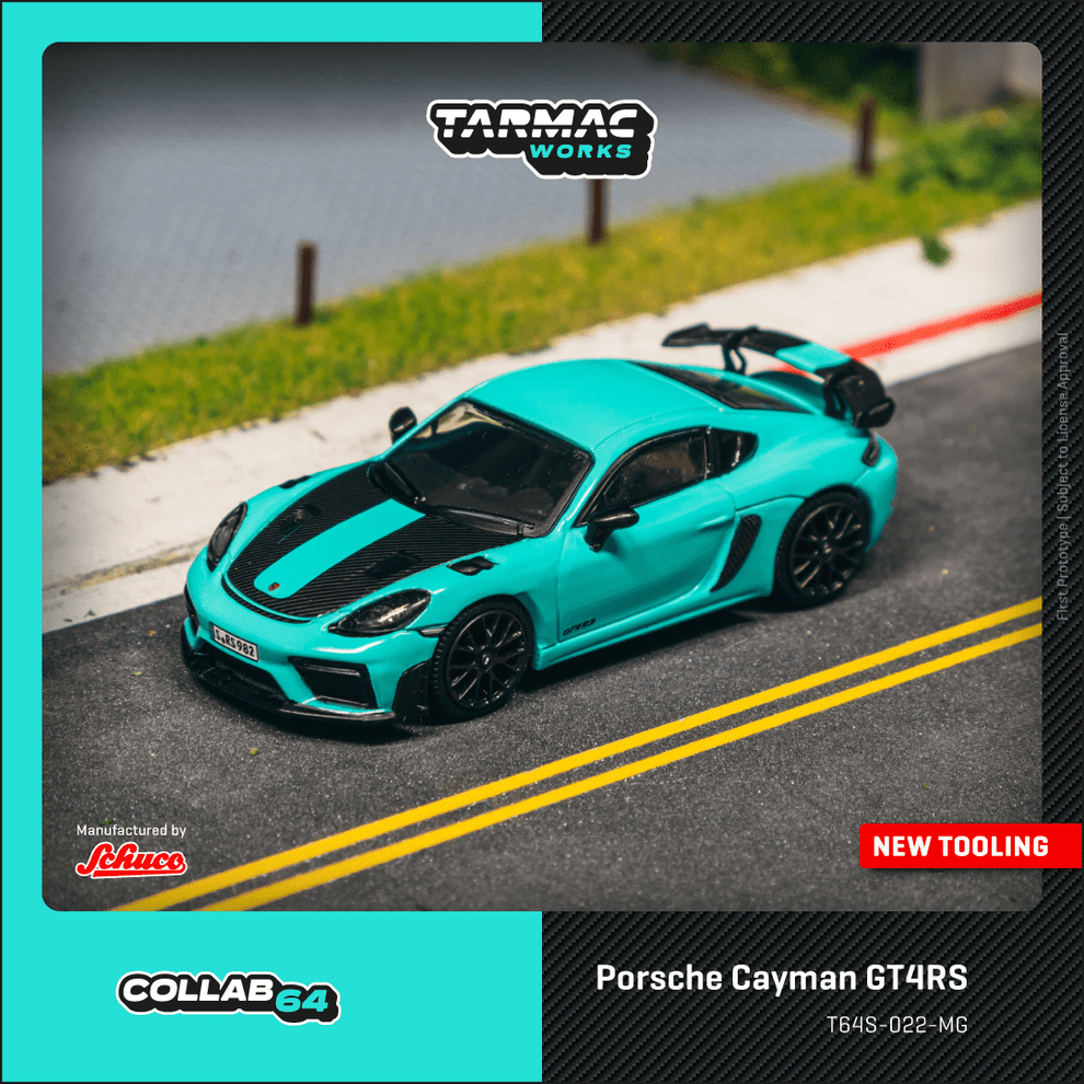 Porsche Cayman GT4RS Mint Green Tarmac Works Collab64 1/64 scale